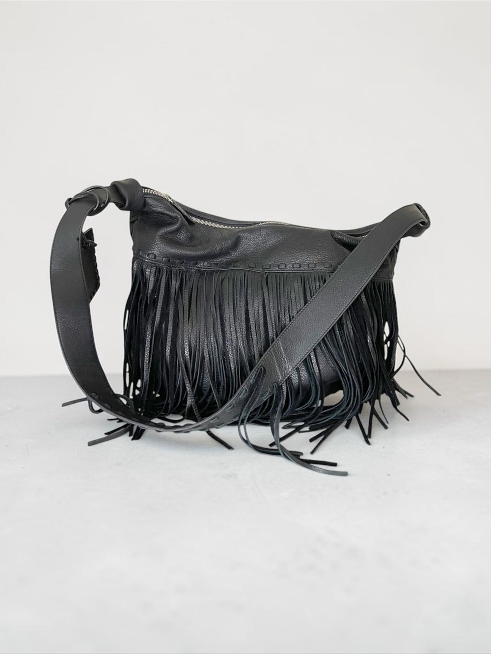RRL Double RL Ralph Lauren Black Leather Western Fringe Hobo Shoulder Bag - Picture 5 of 14